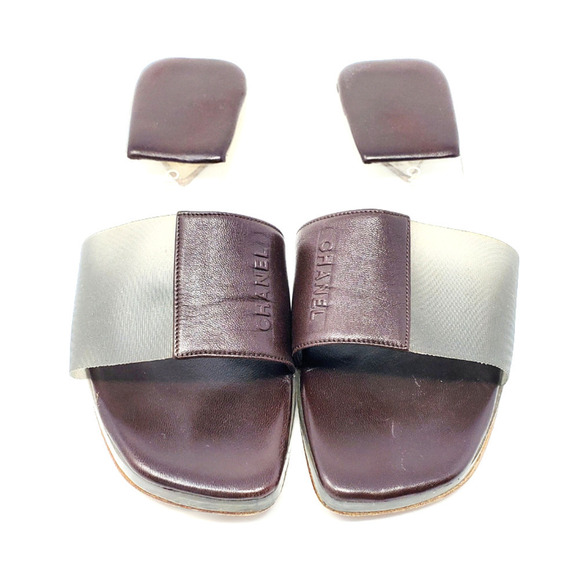 Chanel LOGO Sandals Brown Leather Flat Slides Clear Block PVC Mules EU 36.5‎ - Picture 3 of 9